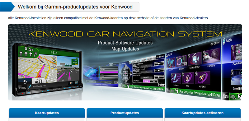 screenshot: startpagina Kenwood-Garmin website