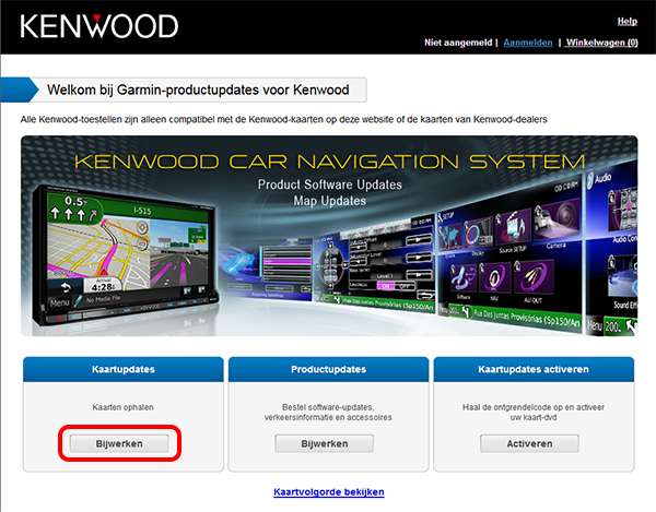 Screenshot: starpagina www.kenwood.garmin.com website